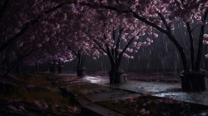 Purple cherry trees create after rain at night. AI Generated