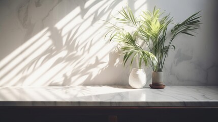 Questionable beige cotton tablecloth on counter table, tropical dracaena tree in sunshine on white divider establishment. AI Generated