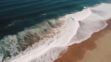 Airborne see of sandy shoreline with waves and clear ocean water. AI Generated
