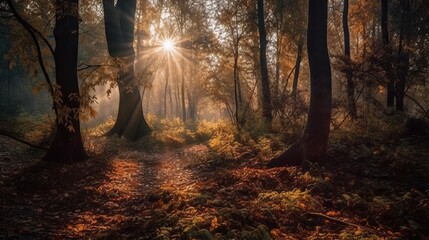 Disorienting scene of an collect time timberland with sunrays entering through the branches. AI Generated