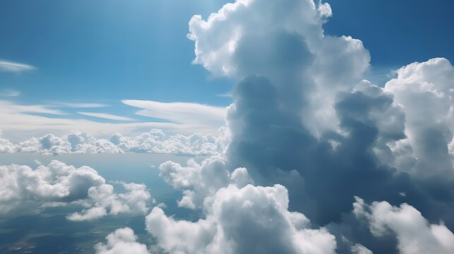 Blue sky with specific clouds. See over the clouds.summer blue sky cloud slant light white establishment. AI Generated