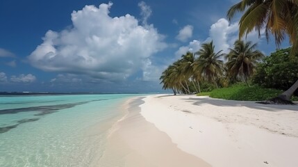 Fototapeta na wymiar tropical Maldives island with white sandy shoreline and ocean. palm. AI Generated