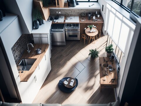 Hyper realistic overhead view of a closedoff kitchen
