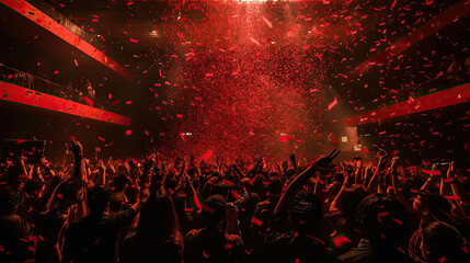 Plakat A concert with a crowd of people on the stage and confetti in the air.