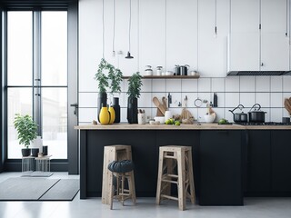 Hyper realistic Minimalist industrial style kitchen with