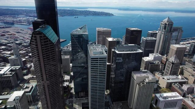 High Rise Commercial Buildings in Seattle Financial District Aerial