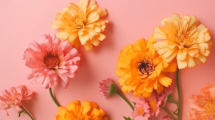 Spring marigold makes on pink pastel establishment beat see in level lay organize. AI Generated