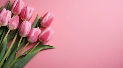 Fototapeta premium Spring tulip makes on pink establishment best see in level lay organize. AI Generated