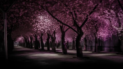 Purple cherry trees make after rain at night. AI Generated