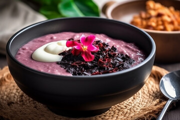 Obraz na płótnie Canvas Black sticky rice porridge with coconut milk sauce served in a white bowl. Indonesian traditional dessert. Ai generative