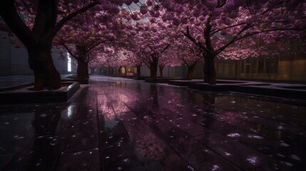 Purple cherry trees make after rain at night. AI Generated