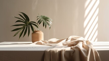 Obliged beige cotton tablecloth on counter table, tropical dracaena tree in daylight on white divider foundation. AI Generated