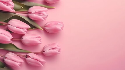 Fototapeta premium Spring tulip makes on pink foundation best see in level lay organize. AI Generated