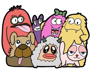 Hand-drawn illustrations, monsters doodle, Hand Drawn cartoon monster illustration,Cartoon crowd doodle hand-drawn Doodle style.