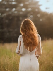 Portrait of Woman wearing white dress captured from the back, AI generated