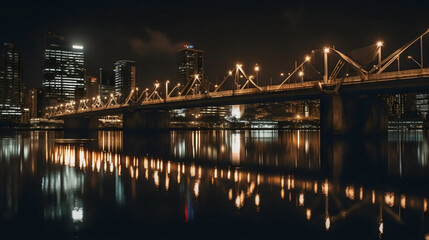 night view of the bridge with a city skyline