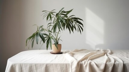 Obliged beige cotton tablecloth on counter table, tropical dracaena tree in sunshine on white divider establishment. AI Generated