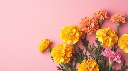Obraz premium Spring marigold makes on pink pastel establishment beat see in level lay organize. AI Generated