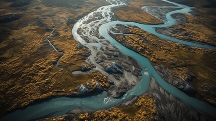 airborne picture of an icelandic stream. AI Generated - obrazy, fototapety, plakaty