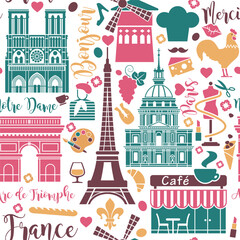 Seamless pattern. Paris attractions. Architecture, symbols, lettering.