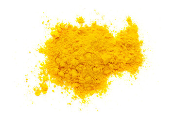 Pile of turmeric powder isolated on white background, top view. Yellow turmeric powder. Turmeric spice, top view. Heap of turmeric powder on white background, top view.