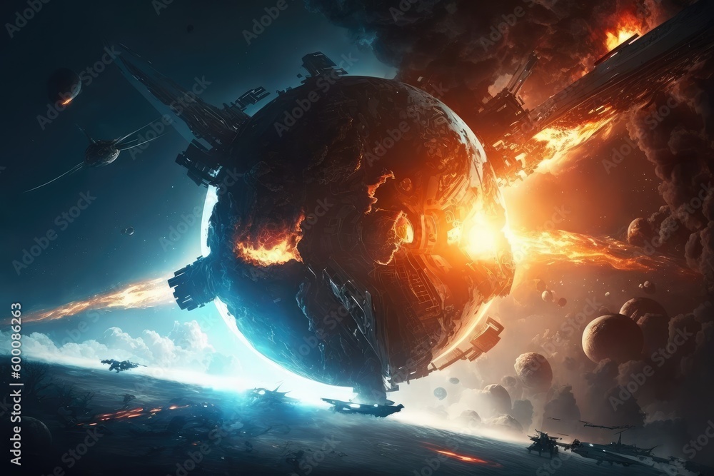 Poster space war human and alien in outer space for star colony. distinct generative ai image.