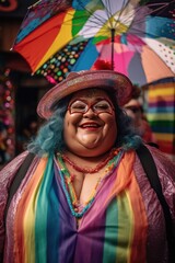 Happy smiling overweight lgbt woman with hat, umbrella and crazy outfit in rainbow colored clothing celebrating the pride. Generative AI.