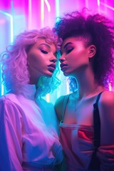 Two afro-american young happy smiling girls posing under the neon rainbow colored lights. Might be lgbt gay couple. Generative AI.