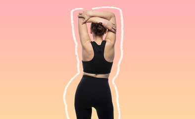 Fitness and body care, slim woman with silhouette outline drawings around figure. Body shaping
