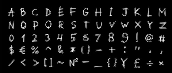 Irregular shapes white english latin abc alphabet font with digits and symbols handwritten A to Z, 0 to 9 set. Vector illustration in doodle style isolated on black background. For decorating, logo.