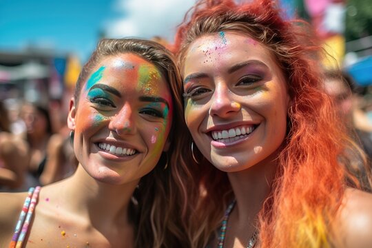 Happy smiling lgbt girls with curly hair in rainbow colored clothing celebrating the pride. Confetti and happiness. Generative AI.