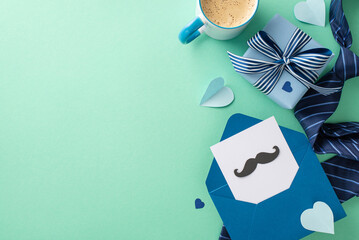 Fashionable Father's Day layout. Flat lay top view of postcard with mustaches, gift box, necktie, coffee mug, and accessories arranged on a teal background with space for text