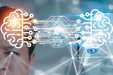 Human head and artificial intelligence brain, AI technology, knowledge transfer concept. Intelligence to robot.