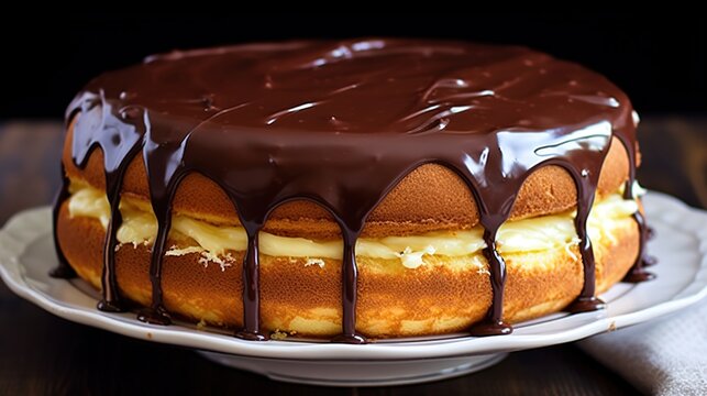 Boston Cream Pie - A Cake Filled With Pastry Cream And Topped With Chocolate Ganache