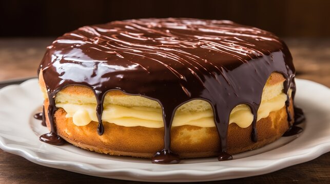 Boston Cream Pie - A Cake Filled With Pastry Cream And Topped With Chocolate Ganache