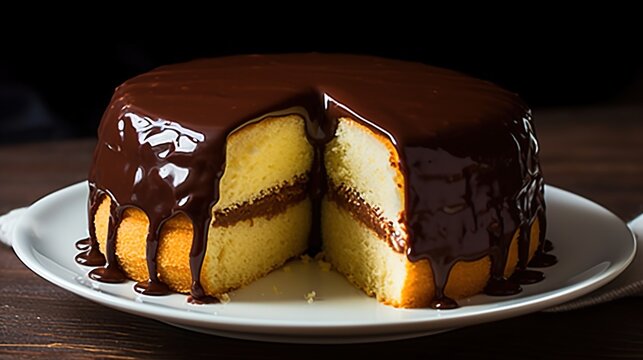 Boston Cream Pie - A Cake Filled With Pastry Cream And Topped With Chocolate Ganache