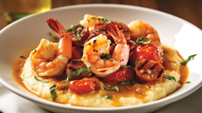 Shrimp and grits - A southern dish of shrimp cooked with butter and spices served over creamy grits