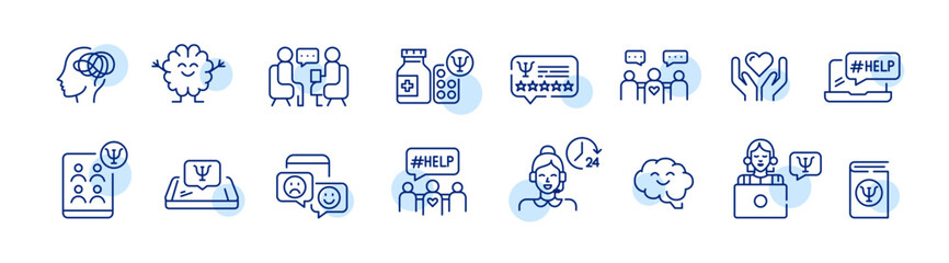 Psychology and psychiatry. Mental health help. Pixel perfect, editable stroke line design icons set