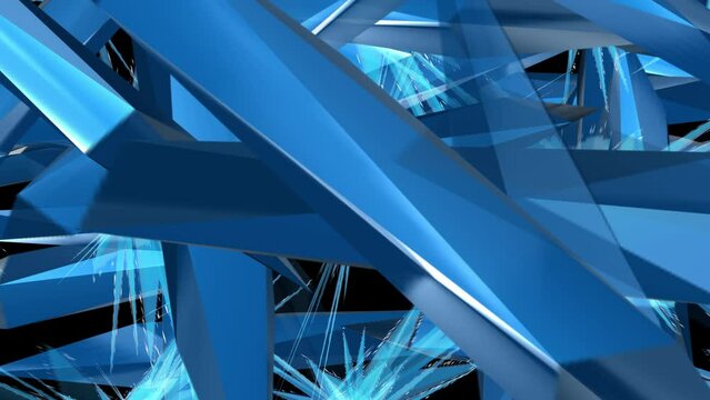Abstract blue ice crystals magnified 10,000 times. Snowflakes in chaotic flight. Close-up. Animated digital graphics. Great video for technical or futuristic use. 3D. 4K. Isolated black background.