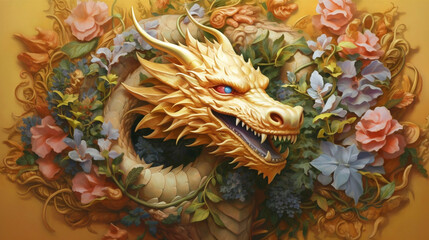 Golden dragon with flowers background Generative ai