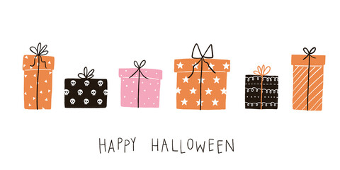 Set of Halloween gift box elements with colorful  gift wrap paper. Hand drawn flat design with copy space for cards, poster, banner,  background. Handwritten text Happy Halloween.