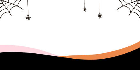 Halloween abstract background with spiders and spider webs on the corners. Copy space for text and decorations. Invitation card, poster, banner design.