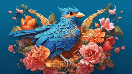 Blue bird with flowery background Generative ai
