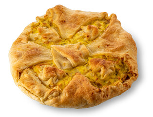 Crispy pie with artichokes, cheese and egg. Salty tart isolated