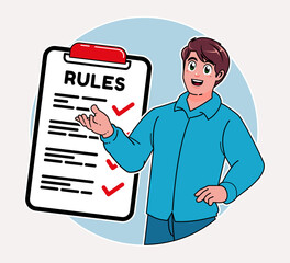 a man explaining the list of rules and laws, a checklist guide to rules
