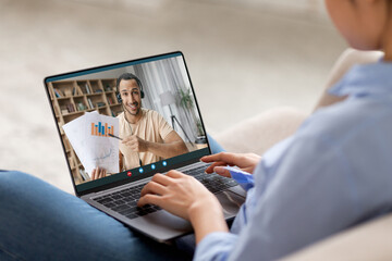 Unrecognizable woman having online lesson with teacher handsome arab man