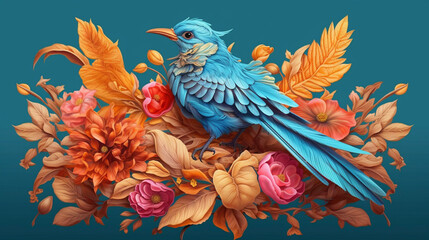 Fototapeta premium Blue bird with flowery background Generative ai