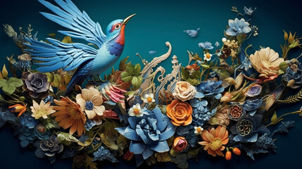 Blue bird with flowery background Generative ai