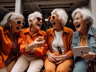 Modern Aging.  A candid shot of a group of senior women laughing and enjoying each other's company. Generative AI - obrazy, fototapety, plakaty