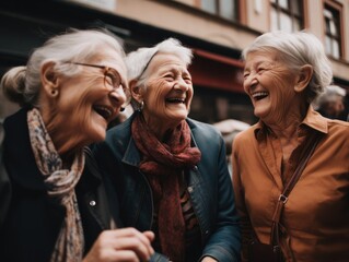 Modern Aging.  A candid shot of a group of senior women laughing and enjoying each other's company. Generative AI